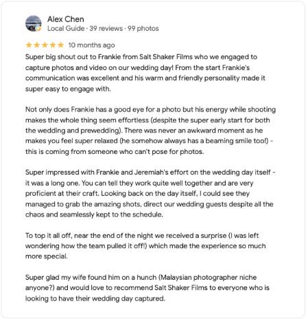 Five-star Google review from Alex Chen: There was never an awkward moment, as Frankie makes you feel super relaxed.