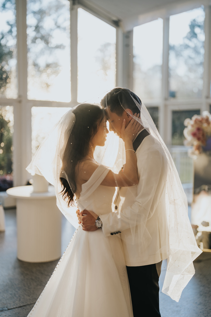 Couple beneath a backlit veil in golden light